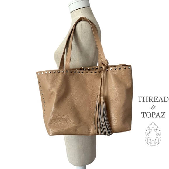 Laggo Remy Tan Pebbled Leather Tote Handbag Studs Tassels - Picture 1 of 9